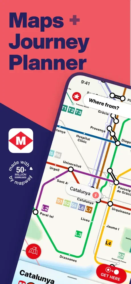 Barcelona Metro app featuring colorful TMB transit lines, station markers, and journey planner with GET HERE button