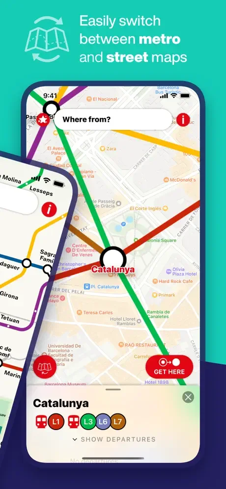 Barcelona Metro map view switching between metro and street maps with station information and real-time departures