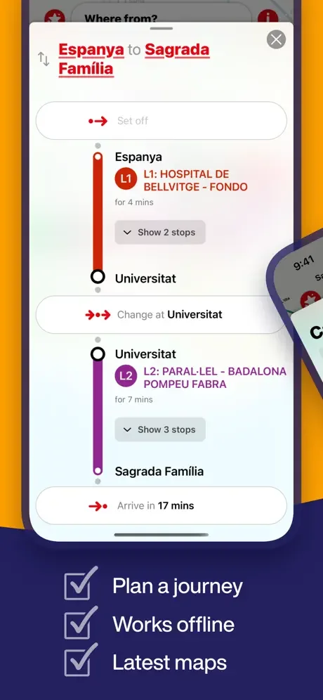 Route planner showing journey from Espanya to Sagrada Familia with L1 and L2 transfers and 17-minute travel time