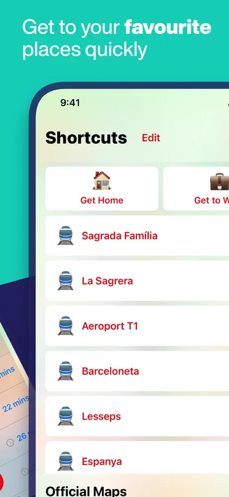 Shortcuts menu for quick access to favorite Barcelona locations including Sagrada Familia, Barceloneta, and Airport T1