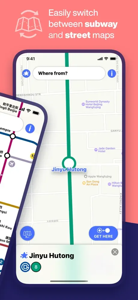 Switch between Beijing Subway map and street map for route planning and navigation