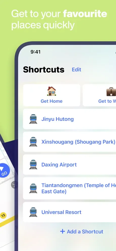 Quick shortcuts to favorite locations including home, transit stations, and airports