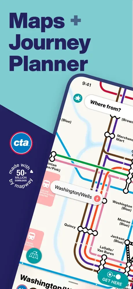 Chicago L Metro Map app home screen featuring Maps plus Journey Planner with CTA metro routes visualization