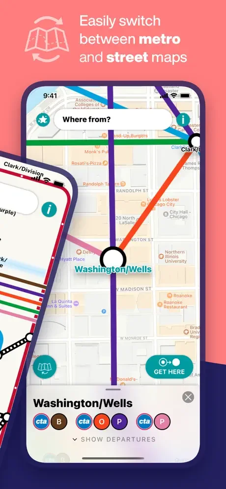 Chicago CTA transit app interface showing how to easily switch between metro and street maps with station details