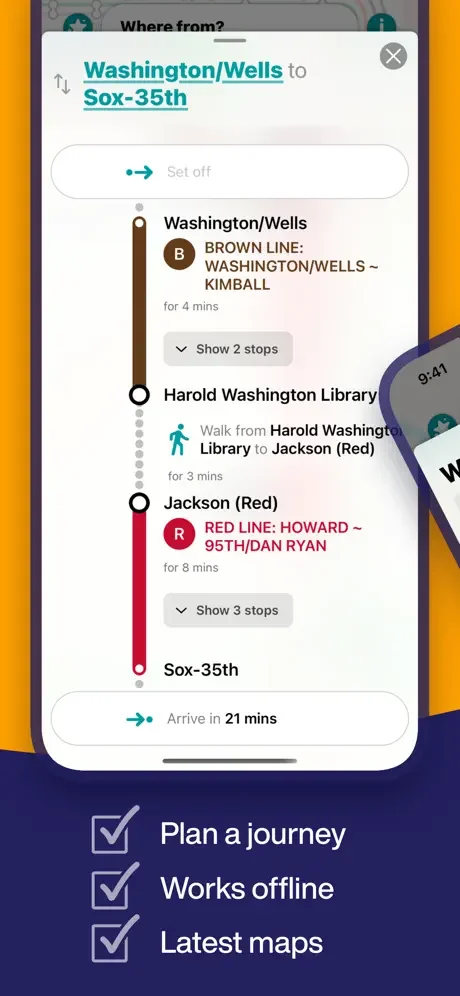 Chicago L journey planner displaying detailed route from Washington/Wells to Sox-35th with multiple transit line options