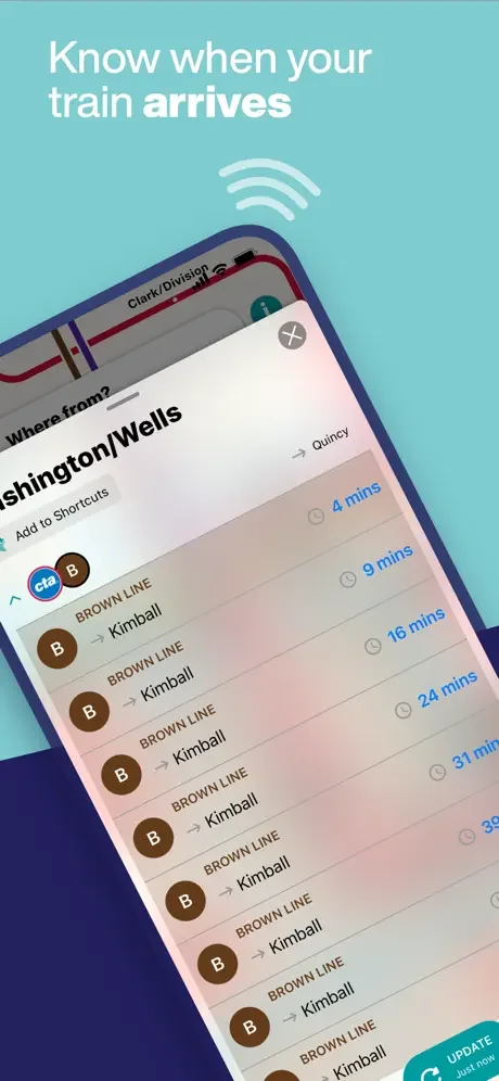 Chicago CTA train arrival times screen for Washington/Wells station showing real-time Brown Line departure schedules