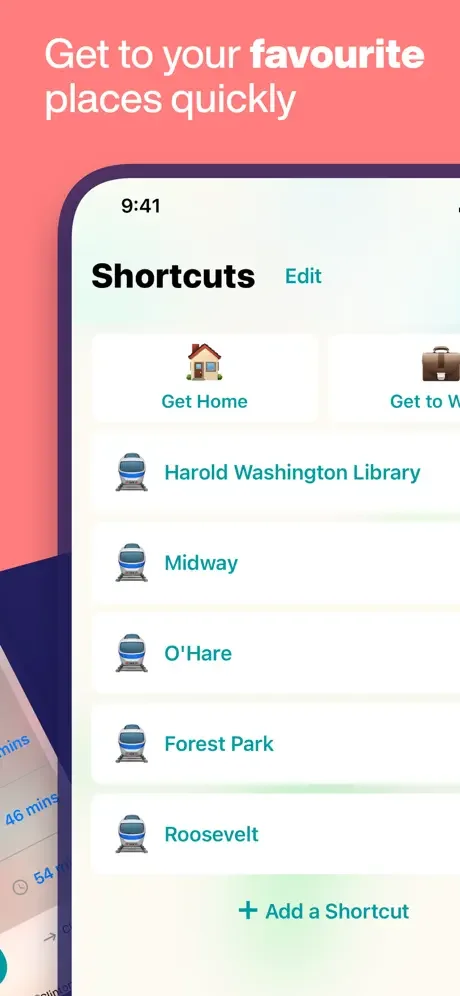 Chicago CTA Metro Map Shortcuts menu with saved favorite transit locations including Home, Work, and O'Hare station