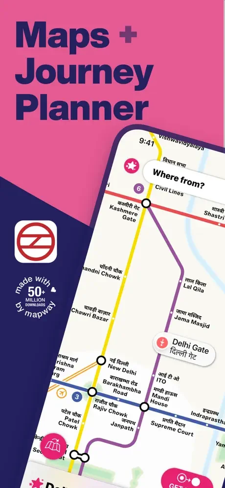 Delhi Metro interactive map showing colored metro lines, stations, and journey planner with 50+ million map downloads