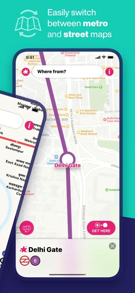 Switch between Delhi Metro map and street map views to navigate Delhi quickly and easily with overlay features