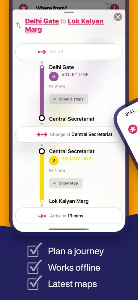 Delhi Metro journey planner showing route from Delhi Gate to Lok Kalyan Marg with transfer details and travel time