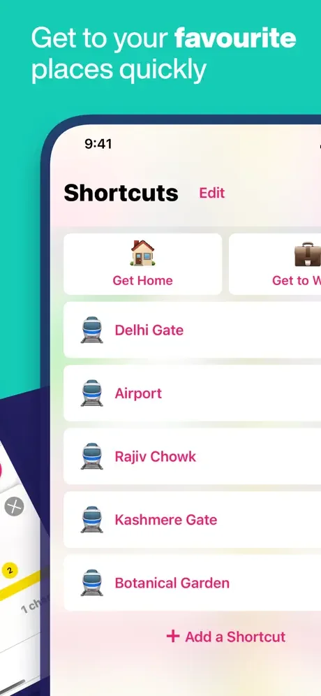 Delhi Metro shortcuts feature displaying saved destinations for quick access to favorite places including stations and Airport