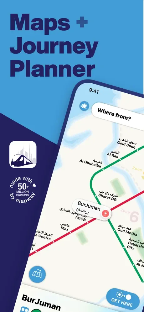 Dubai Metro Interactive Map app showing journey planner with colored metro lines and station selection interface