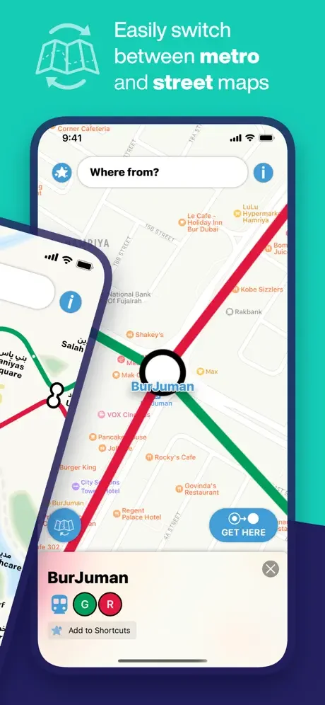 Metro and street maps switching feature displaying Burjuman station with interactive map and destination options