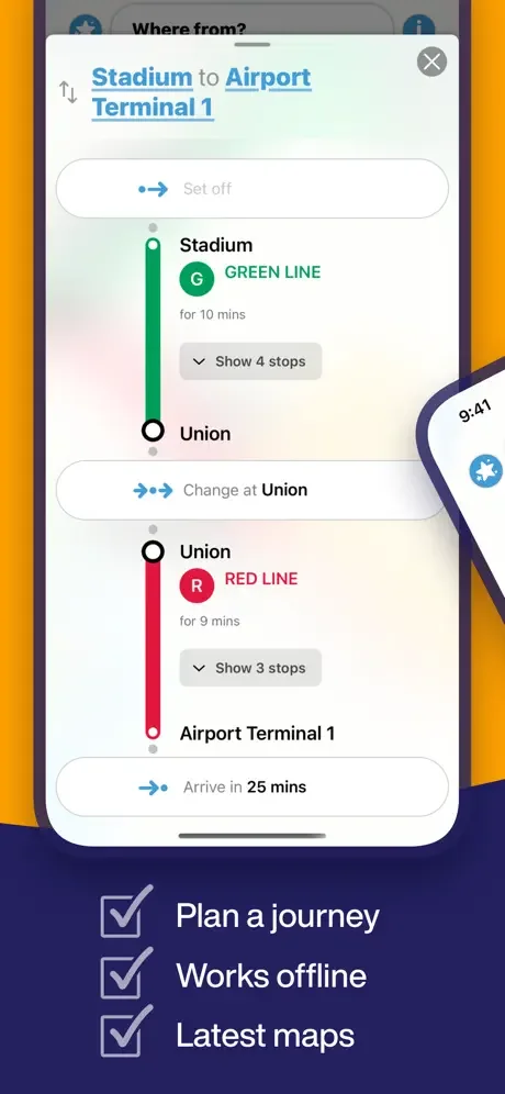 Journey planner results showing Stadium to Airport Terminal 1 route via GREEN LINE and RED LINE with timing