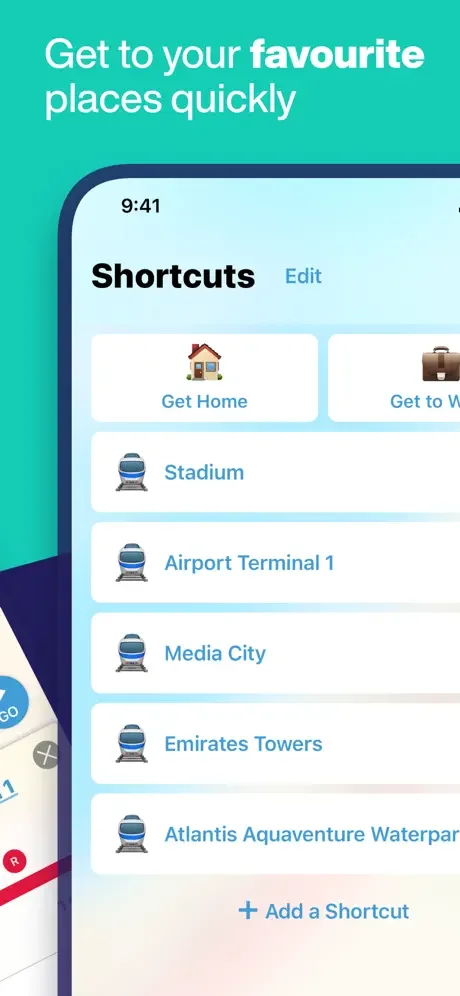 Shortcuts feature displaying quick access buttons to favorite locations including Stadium, Airport, and Media City