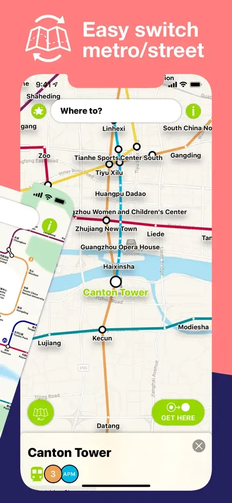 Easy switch metro/street showing map search for destinations like Canton Tower with GET HERE button in Guangzhou Metro app