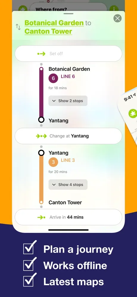 Guangzhou Metro route details: Botanical Garden to Canton Tower with line 6 to line 3 transfer and 44 minute journey time