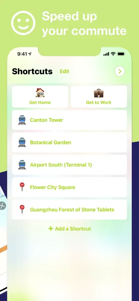 Guangzhou Metro shortcuts feature with quick access buttons for home, work, and saved metro destinations like Canton Tower