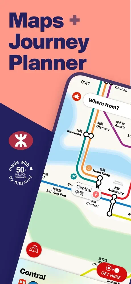 Hong Kong Metro app Maps and Journey Planner showing MTR subway network with station markers and route planning