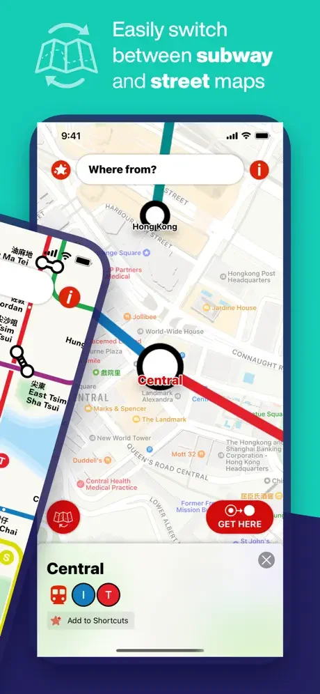 Toggle between subway transit map and street map in Hong Kong Metro app to find MTR stations and plan routes