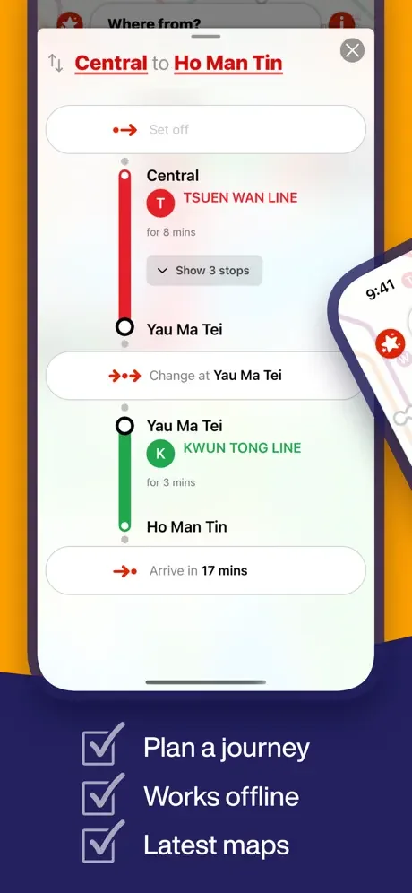 MTR route planner showing journey from Central to Ho Man Tin with line changes, station stops and travel time