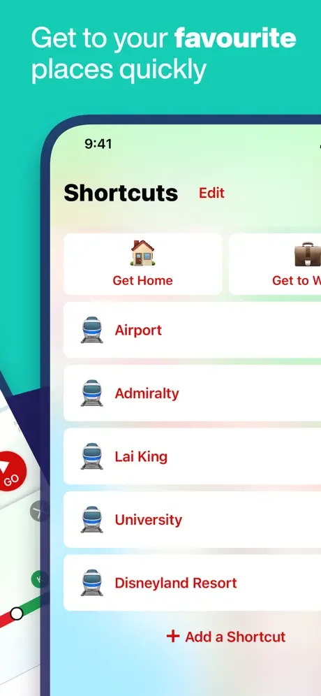 Shortcuts list for quick access to favorite Hong Kong locations including Airport, Admiralty, Lai King and MTR