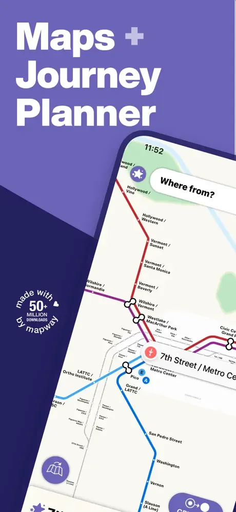 Los Angeles Subway Maps app showing metro lines journey planner with 50+ million downloads and navigation to stations