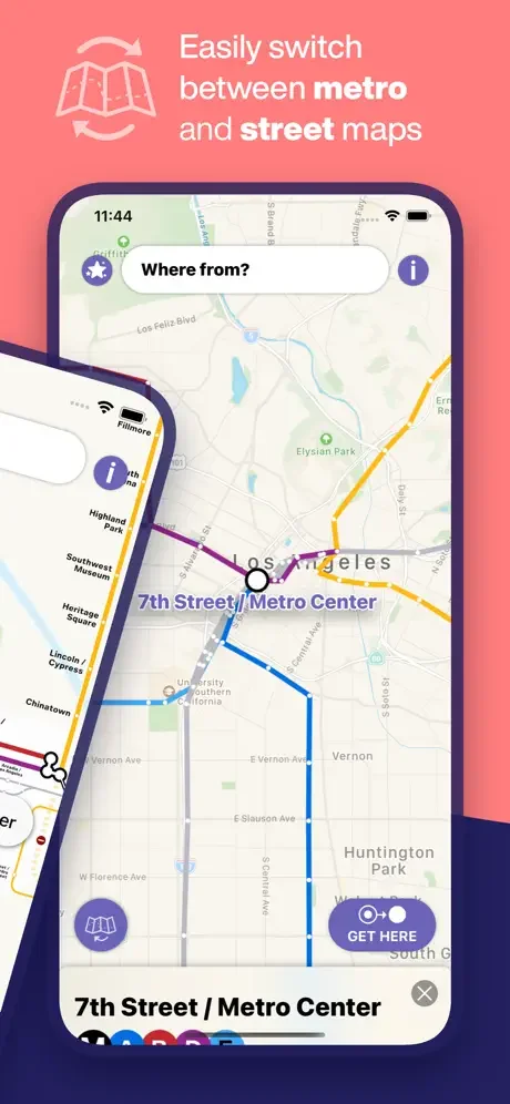 Los Angeles transit app interface easily switching between metro and street maps for navigation and journey planning