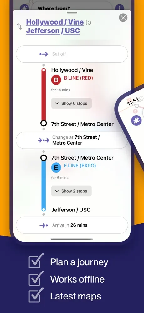Journey planner route details from Hollywood/Vine to Jefferson/USC on LA metro with travel time and offline map access