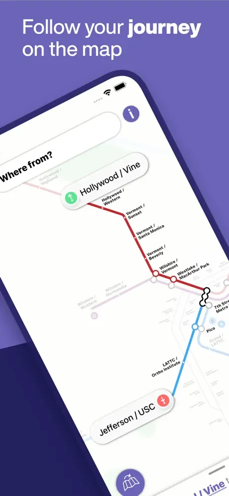 Real-time journey tracking visualization on Los Angeles metro map showing complete route with multiple subway line stops