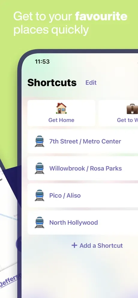 Los Angeles metro shortcuts feature displaying saved favorite stations and places for quick trip planning and navigation