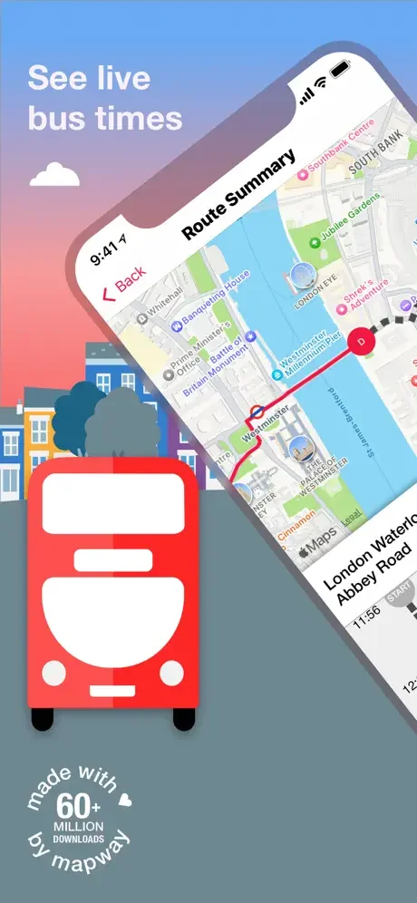 Bus Times London app showing live bus times with route summary and interactive map displaying London bus stops and routes
