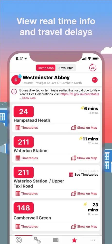 Real-time bus information displaying live countdown times, TfL alerts, and upcoming routes from Westminster Abbey bus stop