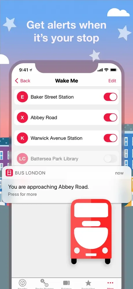 Wake Me alerts feature showing saved London bus stops with toggle notifications to get alerts when approaching your selected stop