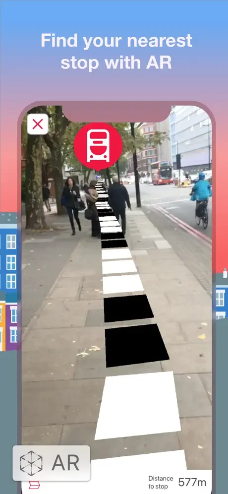 Augmented reality bus stop finder showing nearest London bus stop location overlaid on real-time street view camera feed