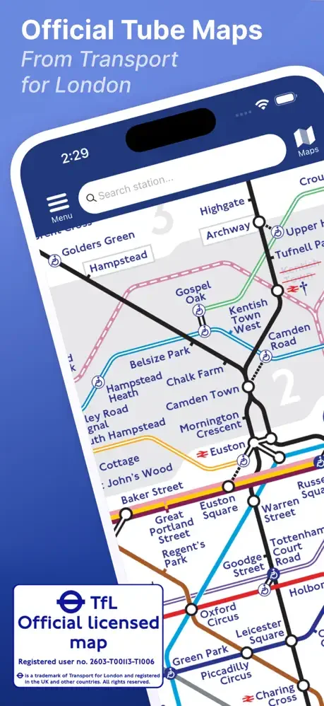 Official London Underground Tube Map with search station feature and TFL licensed map display showing multiple lines including Northern, Circle, and District lines for navigation planning