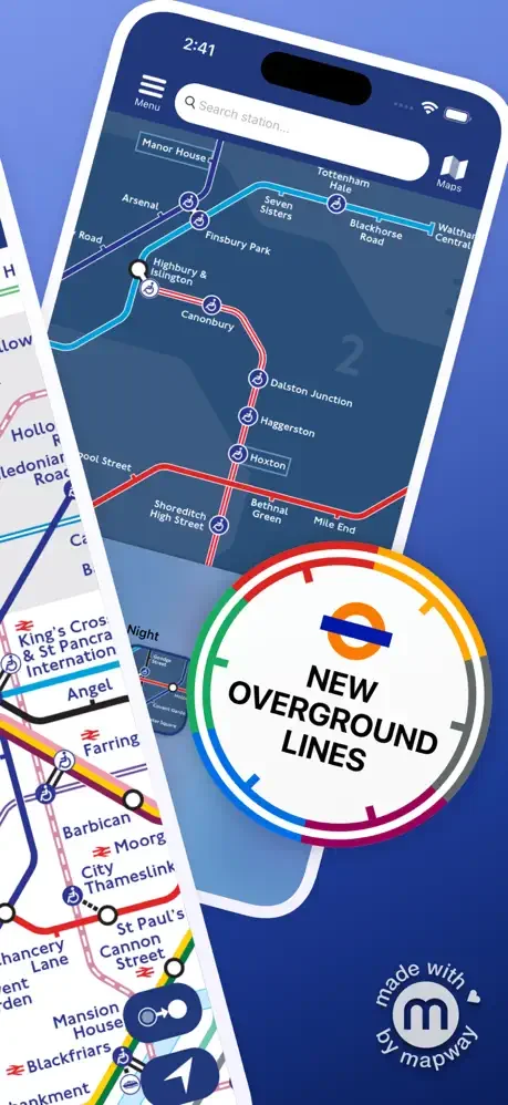 Tube Map app showing new Overground lines announcement overlay on interactive map displaying various London Underground and Overground routes with stations and connections