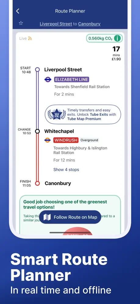 Route Planner screen showing detailed journey from Liverpool Street to Canonbury with transfer at Whitechapel, including 17 minute travel time, £1.90 fare, and carbon footprint information