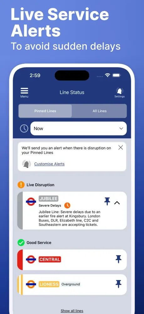 Live Service Alerts screen displaying real-time tube line status including Jubilee Line severe delays, Central Line good service, and Lioness Overground with customizable alert notifications