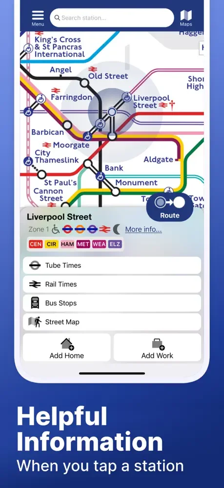 Station Information page for Liverpool Street showing zone 1 location, connected tube lines (Central, Circle, Hammersmith, Metropolitan, Piccadilly), and quick access to Tube Times, Rail Times, Bus Stops, and Street Map