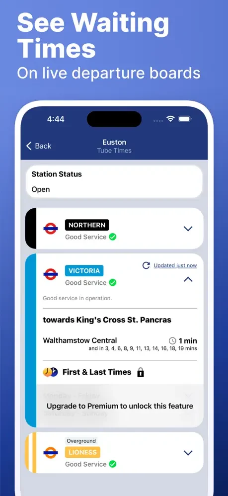 Waiting Times screen for Euston station displaying Northern and Victoria line departures with live wait times, service status, and next stops including Walthamstow Central with 1 minute wait