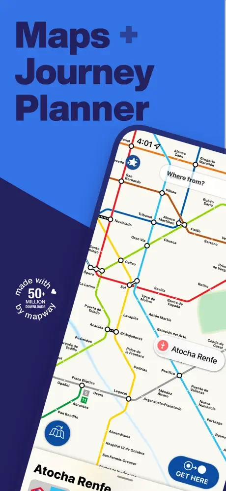Madrid Metro interactive map with journey planner showing colored transit lines and station routes
