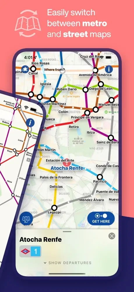 Switch between Madrid Metro and street maps view to plan your transit journey in Madrid