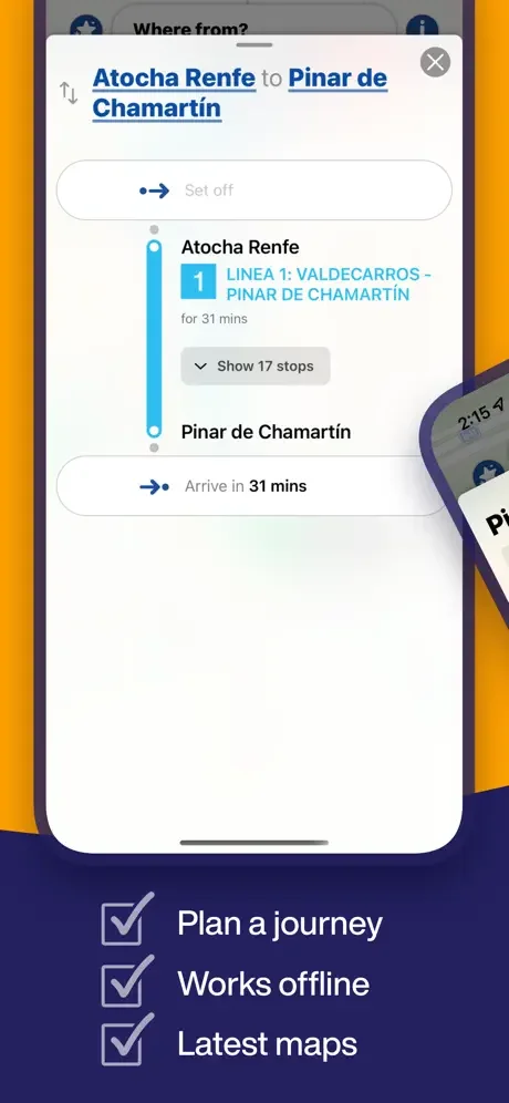 Route details showing journey from Atocha Renfe to Pinar de Chamartín including metro line and arrival time