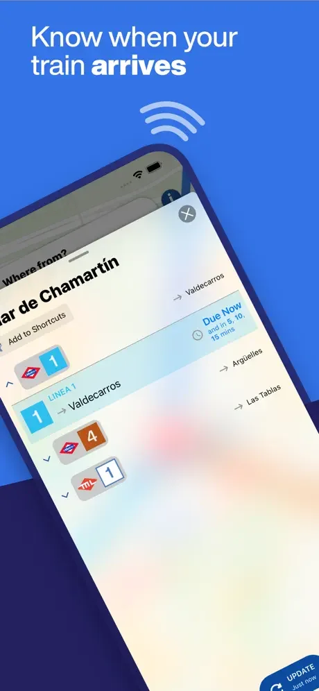 Real-time train arrival notifications showing upcoming metro departures and estimated travel times