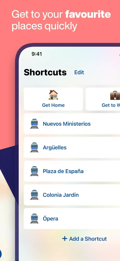 Shortcuts feature for quick access to favorite Madrid Metro stations and frequent destinations