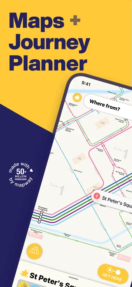 Maps + Journey Planner for Manchester Metrolink with origin selection and colorful transit line navigation interface