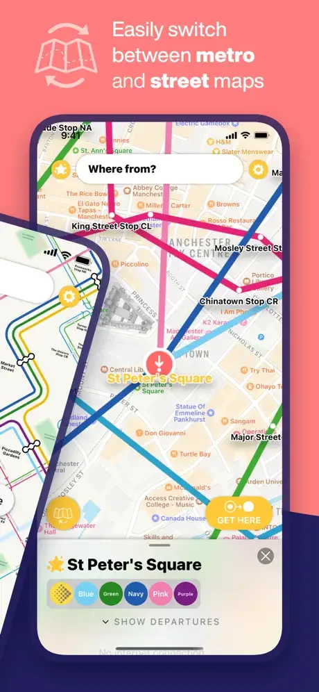 Switch between Metrolink metro maps and street maps in Manchester Metro app for flexible journey planning