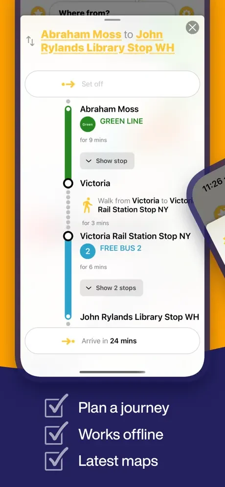 Manchester Metro journey itinerary showing Abraham Moss to John Rylands Library with Metrolink line and free bus connections