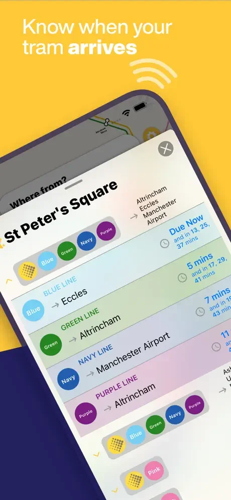 Real-time tram arrival information at Manchester Metrolink stops by line color with next departure times displayed